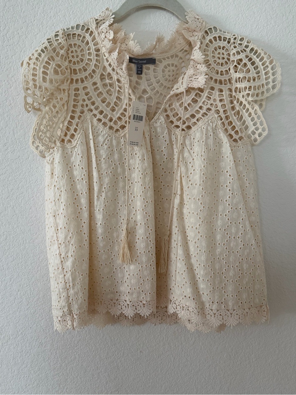 Blue Tassel Eyelet Lace Blouse in Cream